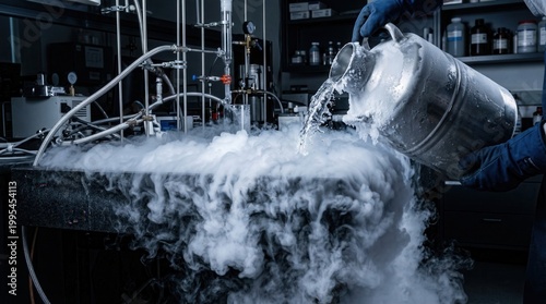 Heavy white liquid nitrogen vapor cascading over dark laboratory table