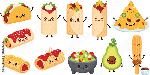 Kawaii Mexican Food Icon Set Featuring Tacos, Burritos, Nachos, Guacamole, Enchiladas, and More with Cute, Fun Characters for Food and Culinary Designs