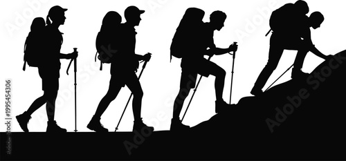 Black silhouettes of hikers with backpacks and poles climbing mountains.
