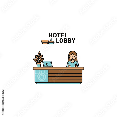 Hotel Lobby Reception Desk with Female Receptionist Vector Illustration
