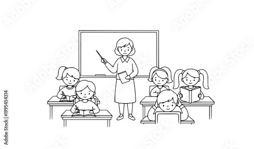 Minimal classroom learning doodle line art vector illustration kids education coloring page simple school scene
