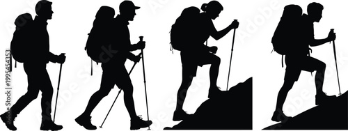 Hiking and Mountaineering People Silhouette Set