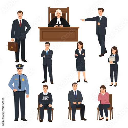Group of diverse people in a courtroom setting.