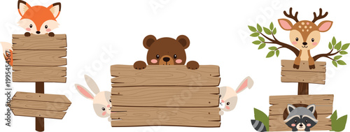 Kawaii Forest Animal and Wooden Sign Icon Set Featuring Fox, Bear, Deer, Rabbit, and Raccoon with Fun Characters for Nature, Wildlife, and Outdoor Designs