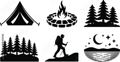 Black silhouettes showing people camping, hiking, and enjoying outdoor life.