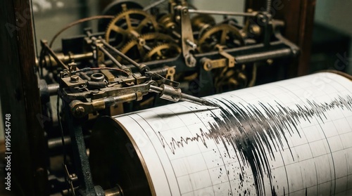 Needle of mechanical seismograph recording massive earthquake spikes on paper