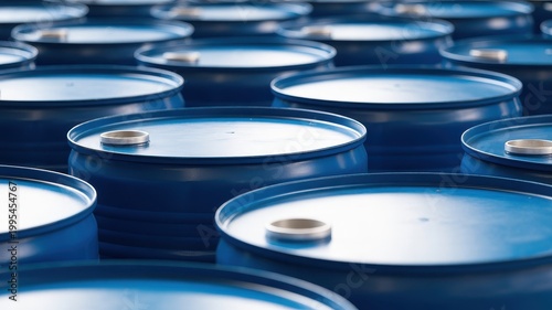 Industrial blue plastic drums storage background