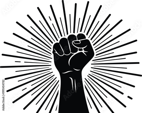 Powerful raised fist silhouette with radiating light rays symbolizing strength freedom revolution human rights protest and leadership vector illustration for justice