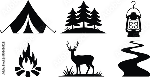 A set of black silhouettes representing essential outdoor and wilderness activities.