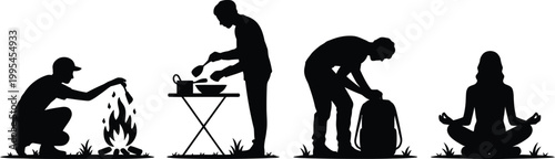 People enjoy various outdoor activities like cooking and meditating at camp.