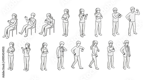 Isometric Human Waiting for Friend Emotional Workflow Vector Set with Step-by-Step Behavior Flow, Impatient Body Language and Wobbly Sketch Style on Clean White Background