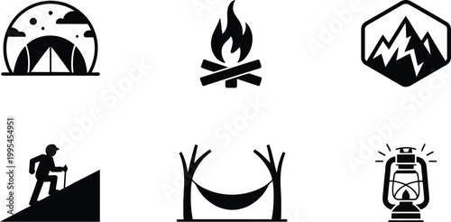 A collection of black silhouette icons featuring essential outdoor camping activities.
