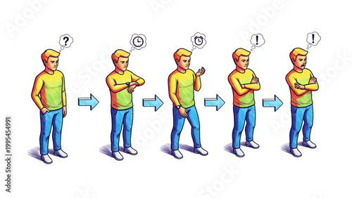 Human Waiting for Friend Emotional Workflow Vector Set with Step-by-Step Behavior System, Impatient Body Language and Wobbly Sketch Style Illustration on Clean White Background