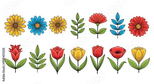 Bold Colorful Flat Flower and Leaf Collection with Daisy, Tulip, Poppy, and Decorative Stems in Red, Yellow, and Blue for Folk and Floral Designs
