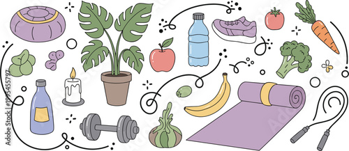 Healthy lifestyle illustration with yoga mat, fitness equipment, plants, fruits and vegetables, balanced wellness concept vector design for exercise and nutrition