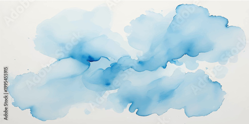 Abstract watercolor background featuring a bright blue sky and fluffy white cumulus clouds in a natural summer atmosphere with a light texture of heaven and air