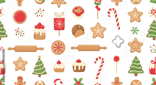 Christmas Treats Pattern Featuring Gingerbread, Cookies, Cupcakes, Candy Canes, Trees, and Holiday Desserts for Festive, Winter, and Baking Designs