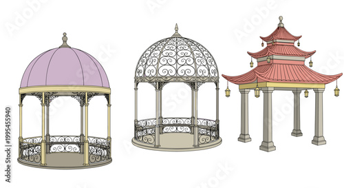 Elegant Garden Gazebo and Pavilion Collection with Victorian Dome, Wrought Iron, and Chinese Pagoda Styles for Architecture and Landscape Designs