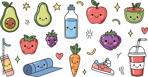 Cute healthy lifestyle cartoon set with fruits, vegetables, water bottle, yoga mat and sneakers, kawaii style vector illustration for fitness and nutrition design