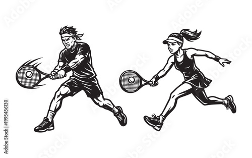 Professional Tennis Players Male and Female Hitting Backhand and Forehand