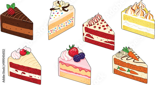 Fotografía Assorted Cake Slice Collection with Chocolate, Red Velvet, Vanilla, Strawberry,