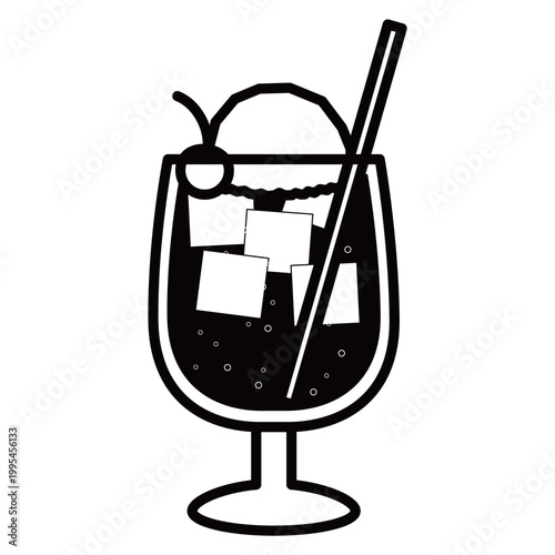 アイスクリームとさくらんぼが乗った喫茶店風クリームソーダのモノクロイラスト