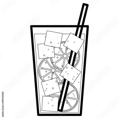 輪切りのレモンと氷がたっぷり入った爽やかなレモンサワーのモノクロイラスト