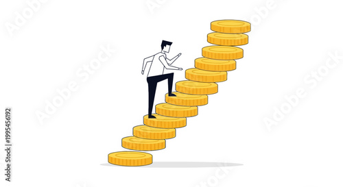 Businessman Climbing Stairs Made of Gold Coins for Financial Success