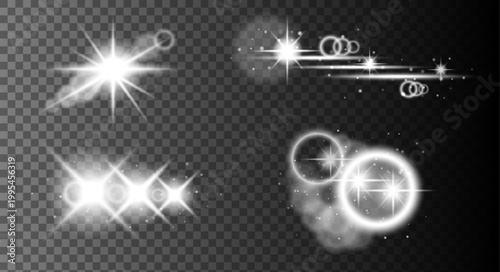 Glowing Lens Flare Set with Radiant Star Light Streaks and Sparkling Optical Effects Isolated on Transparent Background