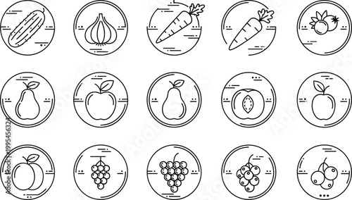 Fruit and vegetable badge icon set with apple, pear, grape, carrot and garlic, circular line art vector collection for organic food and healthy design