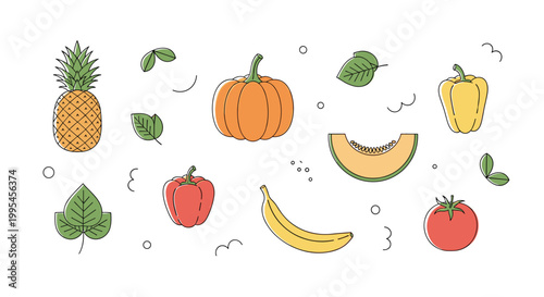 Cute hand drawn fruits and vegetables set with pineapple, pumpkin, banana, tomato and pepper, simple organic food vector illustration for healthy lifestyle design