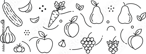 Minimal fruit and vegetable line illustration set with apple, pear, carrot, grape and cucumber, simple outline organic food vector design for healthy lifestyle