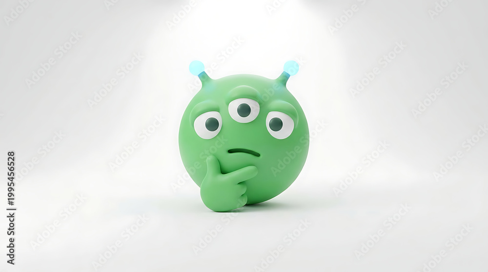Fototapeta premium Green alien emoji character with three eyes and glowing antennae pondering on a white background.