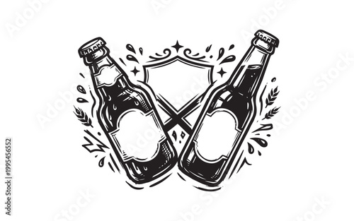 Two Crossed Glass Beer Bottles Illustration for Bar or Pub Logo
