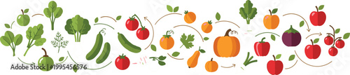 Healthy food horizontal composition with fresh fruits and vegetables, including apples, pumpkin, greens and tomatoes, organic nutrition vector illustration for diet and farm design