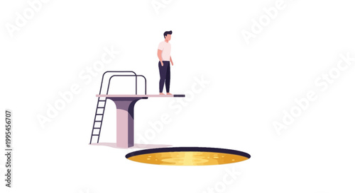 Businessman Standing on Platform Looking Into Empty Pit
