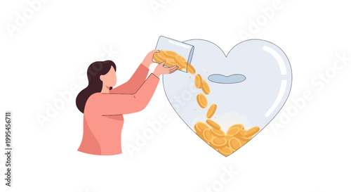 Woman Pouring Coins into Hearts Jar Symbolizing Savings and Love