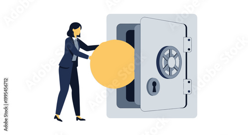 Businesswoman Depositing Large Gold Coin into Safe Vault