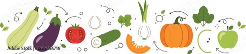 Fresh vegetables horizontal composition with zucchini, eggplant, tomato, cucumber, pumpkin and greens, organic healthy food vector illustration with decorative elements