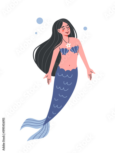 A beautiful cartoon mermaid with long black hair and a blue scaled tail gracefully floats surrounded by sea.  Cute Mermaid vector, for t shirts or children books.
