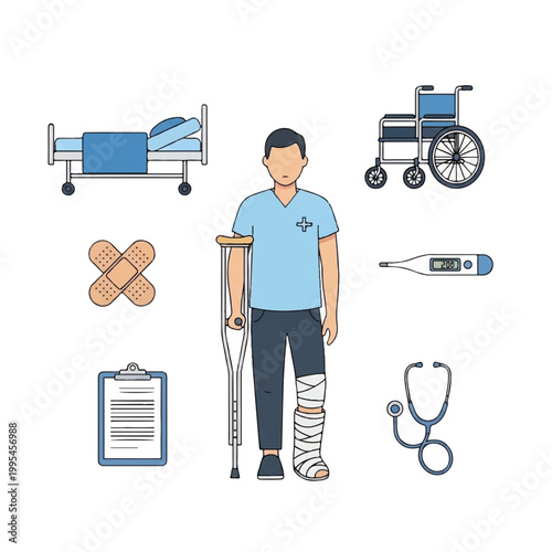 Injured man with leg cast crutch.