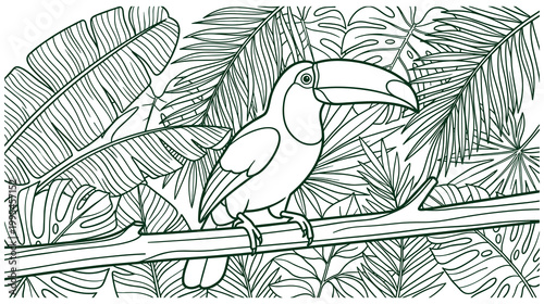 Toucan in jungle drawing. exotic bird. tropical foliage. wild animal scene.