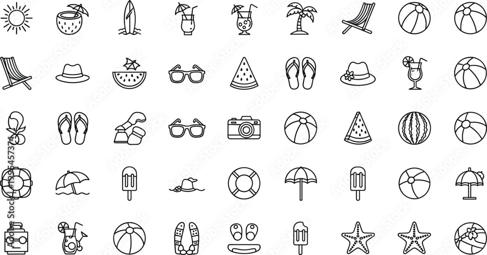 Fototapeta premium PrintSummer beach icon set with sun, surfboard, drinks, flip flops, sunglasses and tropical elements, minimal outline vector collection for vacation and travel design