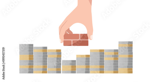 Hand Placing Brick on Stacking Coins for Investment and Savings Concept