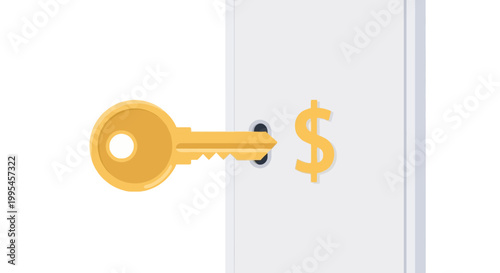 Golden key unlocking a dollar sign on a secure door
