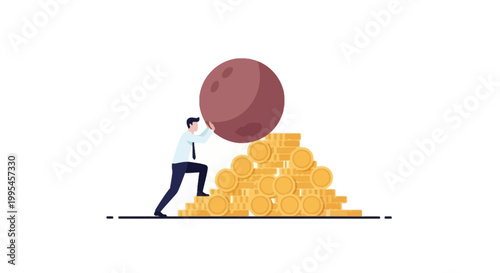 Businessman Pushing Large Bitcoin Coin Over Gold Coins Stack