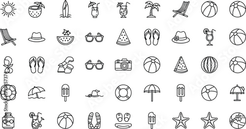 PrintSummer beach icon set with sun, surfboard, drinks, flip flops, sunglasses and tropical elements, minimal outline vector collection for vacation and travel design