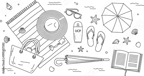 Summer beach vacation composition with towel, hat, sunglasses, flip flops, umbrella and accessories, hand drawn outline vector illustration for travel and holiday concept