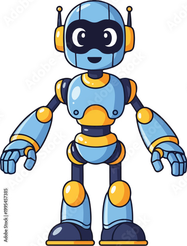 Friendly robot character with headphones and futuristic design elements