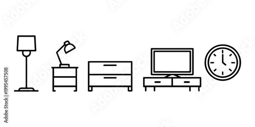Black and white line of furniture and clock line black and white lamp nightstand in white background